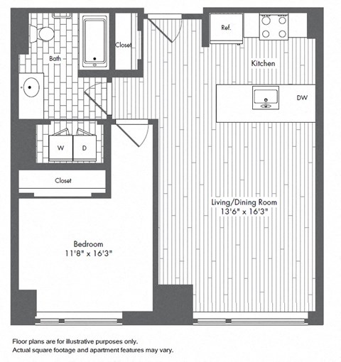 Floor plan for 1 bed, 1 bath, 718 sqft